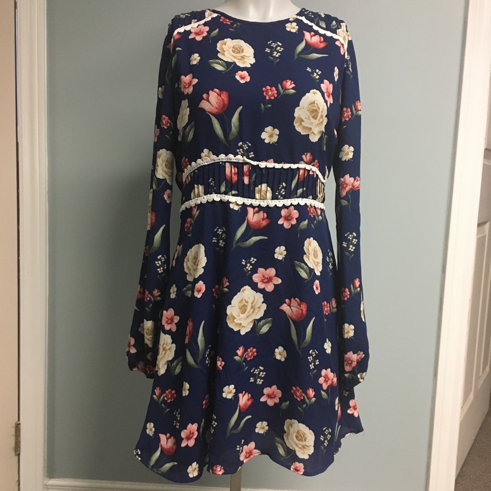 Forever 21 Navy Blue Floral Long Sleeve Sheer Dress with crochet plated accents